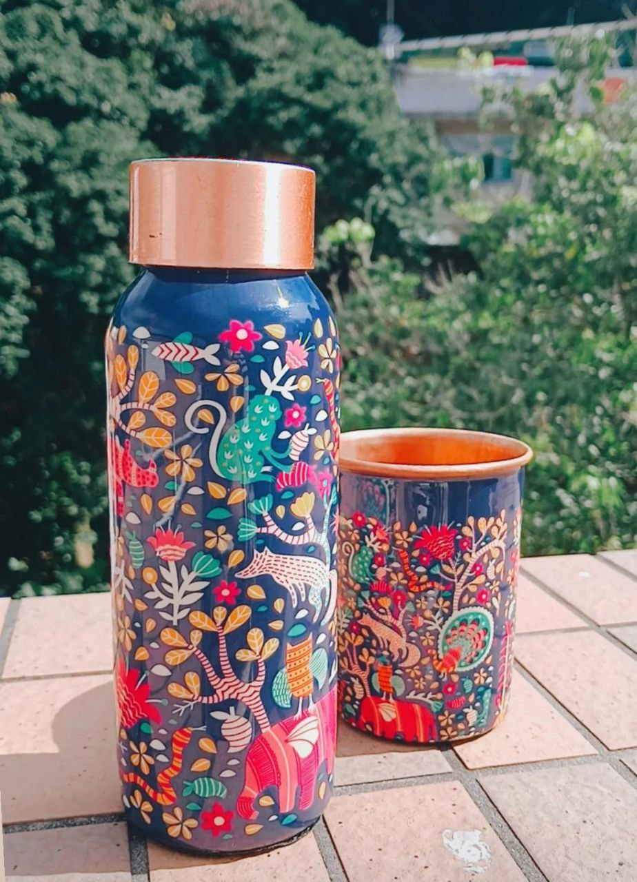 Copper Bottle Blue Printed Animal 500ml & 2 Cups | 印度手工純銅雕刻水瓶套裝|阿育吠陀飲用銅水習慣