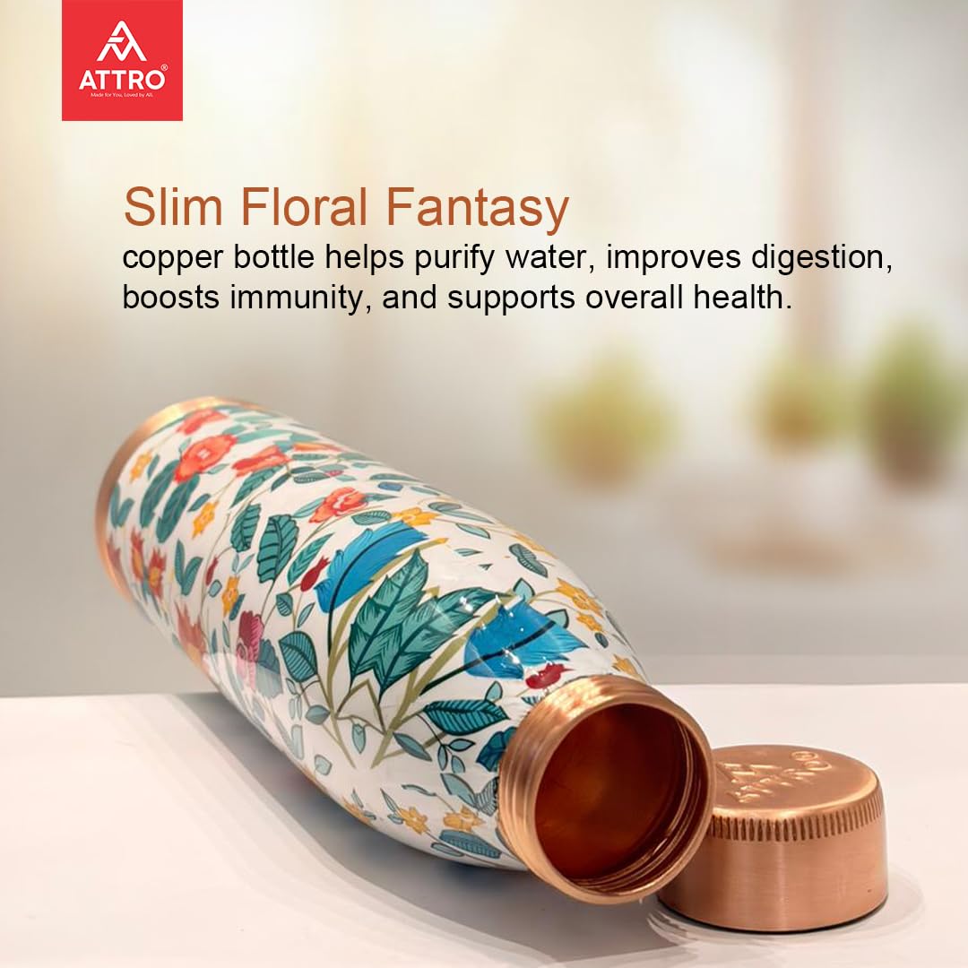 Botella de Cobre Azul Estampado Animal 500ml y 2 Tazas | 印度手工純銅雕刻水瓶套裝|阿育吠陀飲用銅水習慣