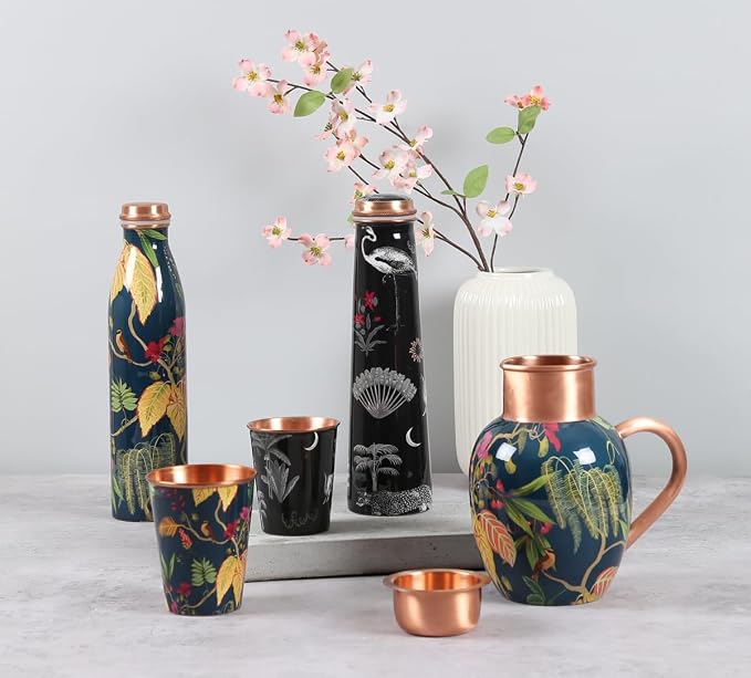 Botella de Cobre Azul Estampado Animal 500ml y 2 Tazas | 印度手工純銅雕刻水瓶套裝|阿育吠陀飲用銅水習慣