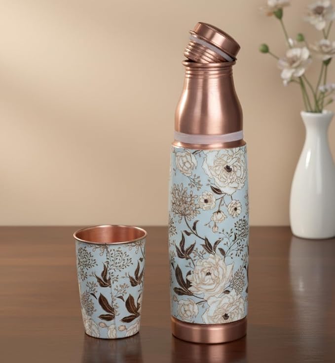 Copper Meena Pastel Blue Bottle (950ml Bottle & Cup) | 印度手工純銅水瓶旅行套裝