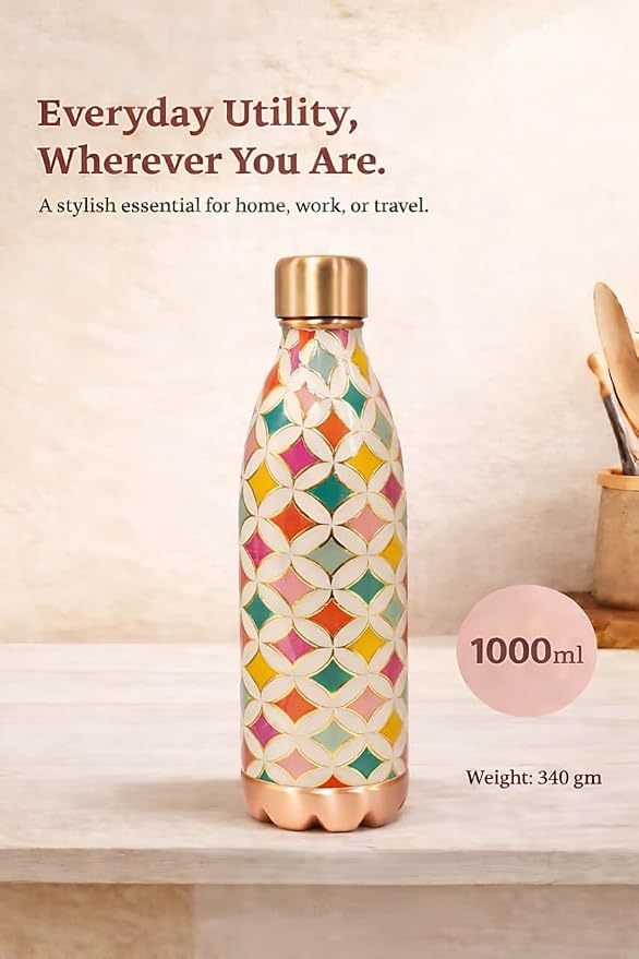 Botella de Cobre Azul Estampado Animal 500ml y 2 Tazas | 印度手工純銅雕刻水瓶套裝|阿育吠陀飲用銅水習慣