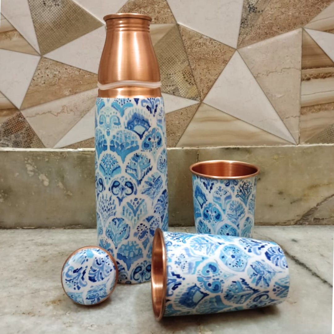 Copper Bottle Set 950ml & 2 Cups (Blue Printed) | 印度手工純銅水瓶杯具組合|阿育吠陀飲用銅水習慣