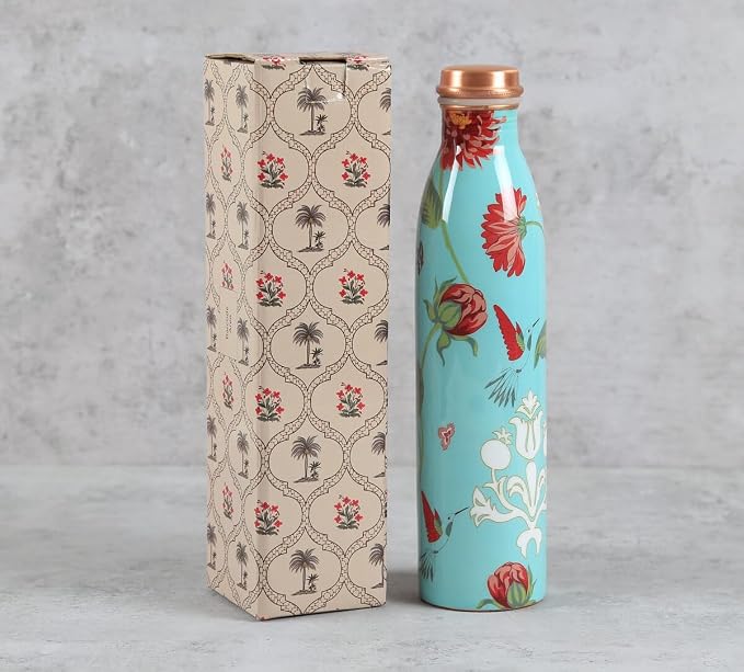 Botella de Cobre Azul Estampado Animal 500ml y 2 Tazas | 印度手工純銅雕刻水瓶套裝|阿育吠陀飲用銅水習慣