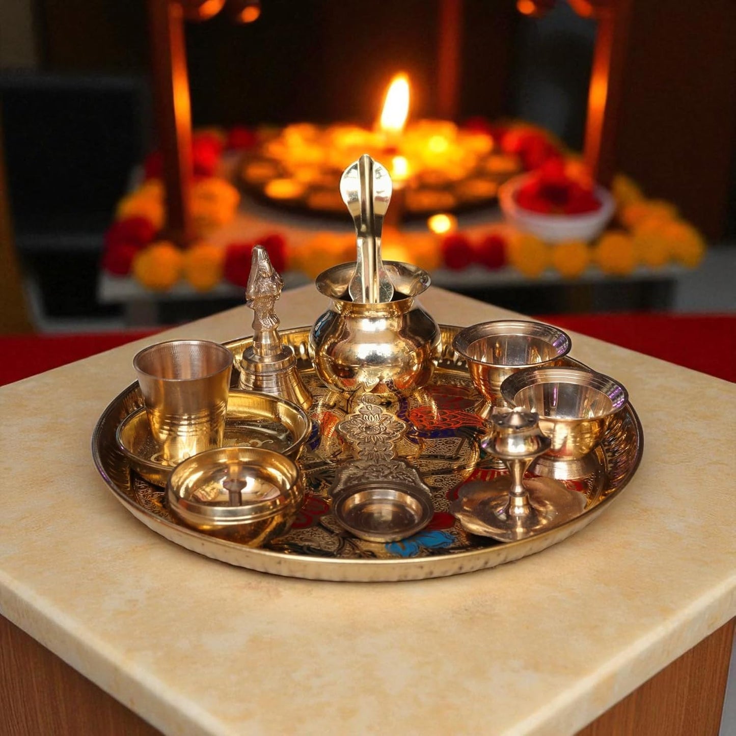 9" Brass Minakari Puja Set | 9 英吋黃銅 Minakari 手工精緻繪製儀式套裝