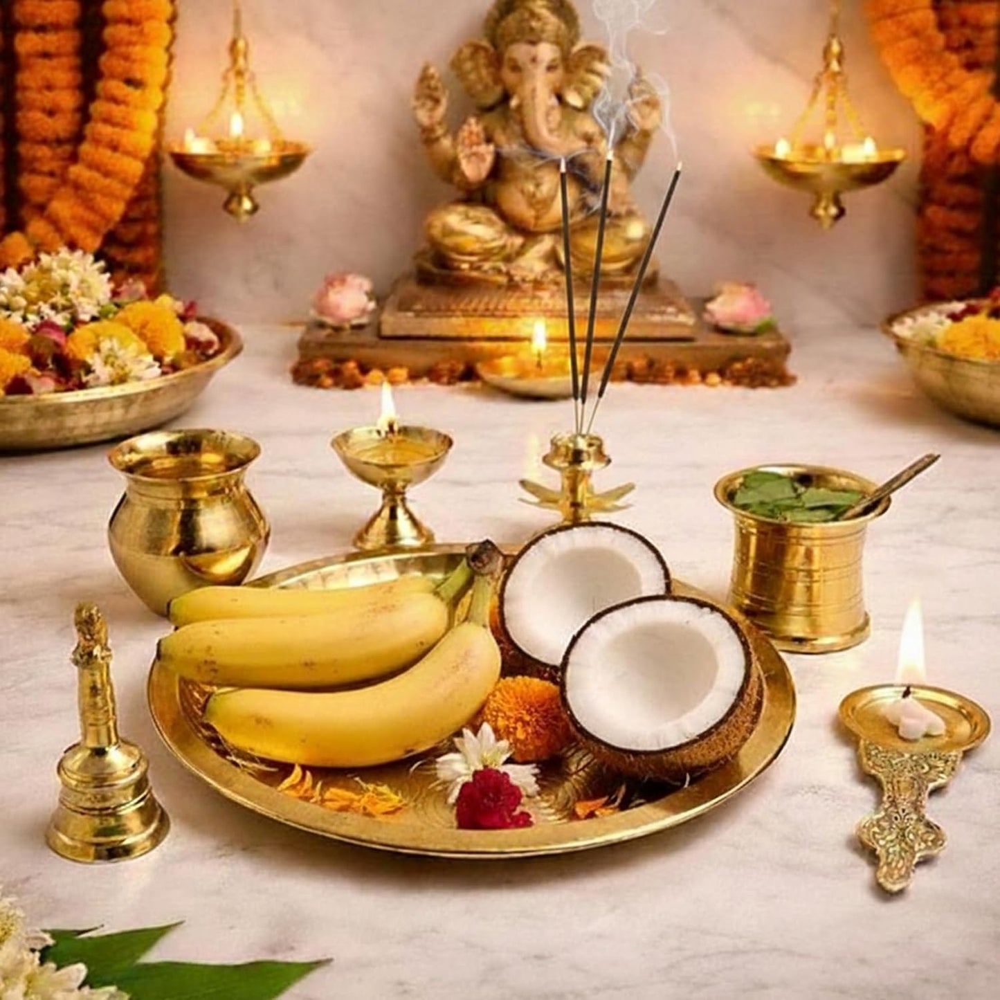 10" Brass Puja Set | 10英吋經典黃銅儀式托盤套組