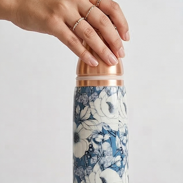 Copper Bottle Set 950ml & 2 Cups (Grey Blue Floral Printed) | 印度手工純銅水瓶杯具組合|阿育吠陀飲用銅水習慣 (Copy) (Copy) (Copy)