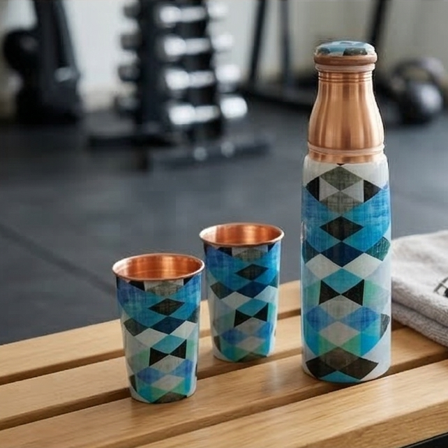 Copper Bottle Set 950ml & 2 Cups (Blue Geo Printed) | 印度手工純銅水瓶杯具組合|阿育吠陀飲用銅水習慣 (Copy)