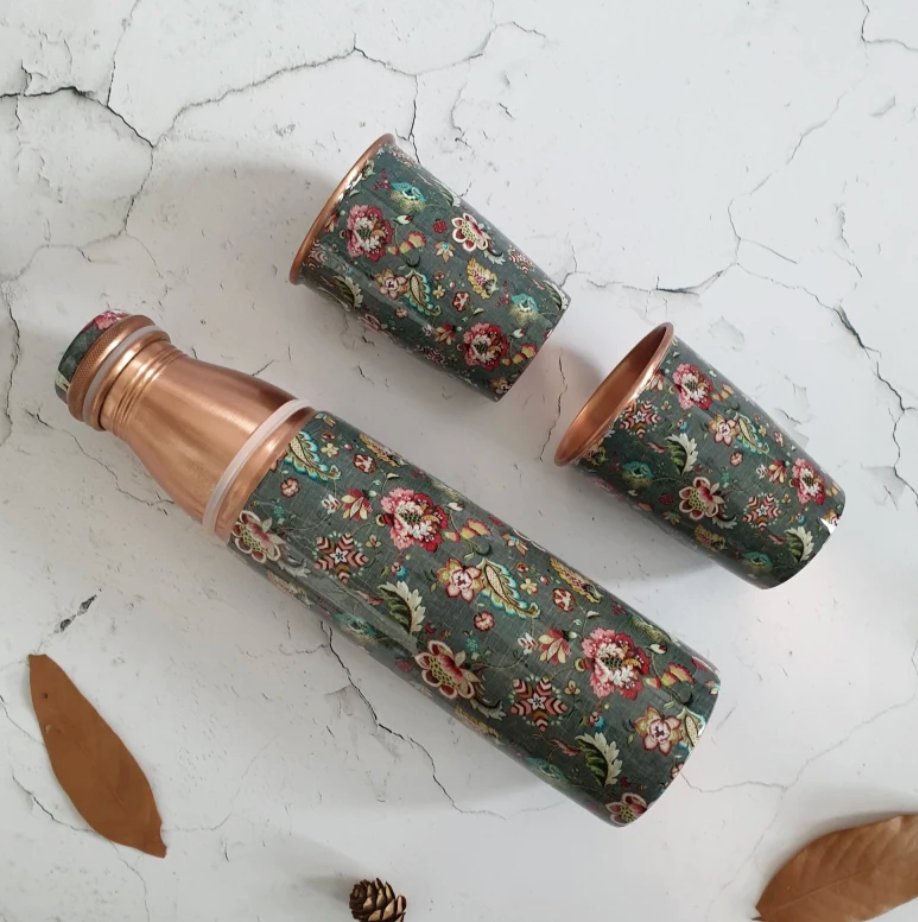Copper Bottle Set 950ml & 2 Cups (Green Forest)| 印度手工純銅水瓶杯具組合|阿育吠陀飲用銅水習慣