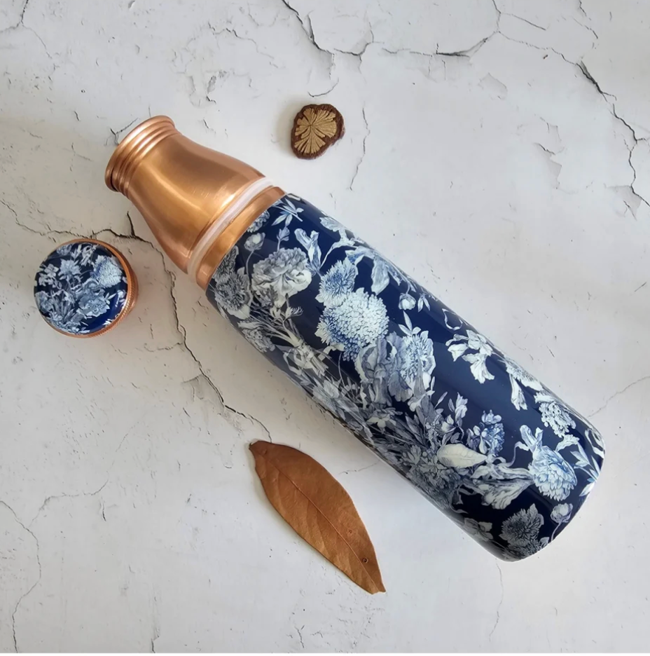 Copper Bottle Set 950ml & 2 Cups (Dark Blue Floral)| 印度手工純銅水瓶杯具組合|阿育吠陀飲用銅水習慣