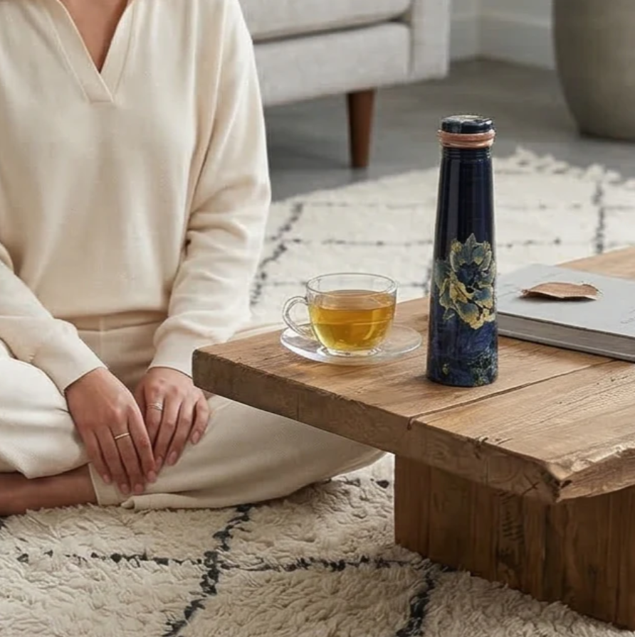 Copper Blue Floral Printed Slim Bottle (750ml) | 印度手工純銅水瓶|阿育吠陀飲用銅水習慣