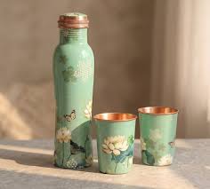 Copper Bottle Blue Printed Animal 500ml & 2 Cups|印度手工純銅雕刻水瓶套裝|阿育吠陀復古銅水習慣