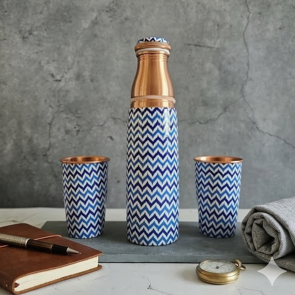 Copper Bottle Set 950ml & 2 Cups (Blue Arrow Printed) | 印度手工純銅水瓶杯具組合|阿育吠陀飲用銅水習慣 (Copy) (Copy)