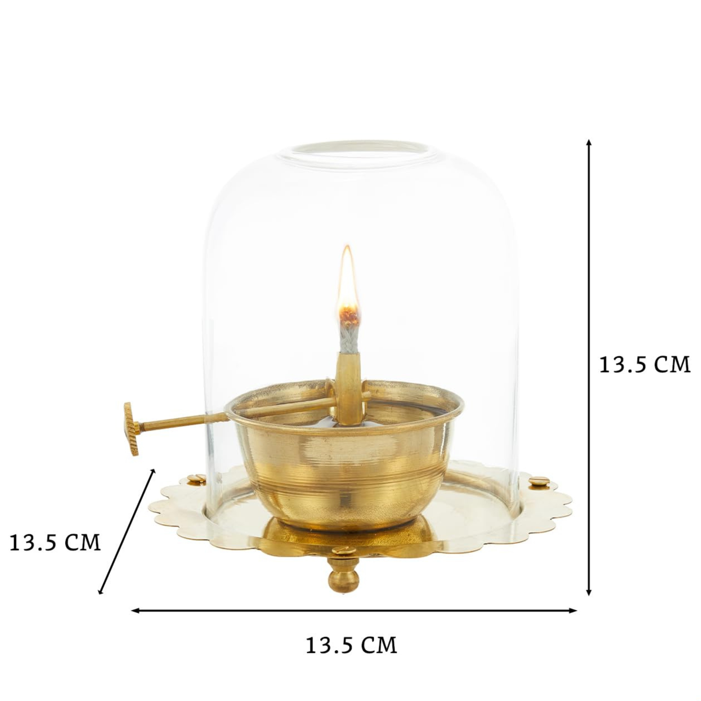 Diya Oil Lamp with Adjustable Wick Knob | 可調教式黃銅玻璃罩長明燈|防風防塵