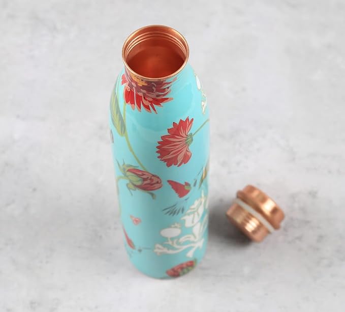 Botella de Cobre Azul Estampado Animal 500ml y 2 Tazas ｜ 印度手工純銅雕刻水瓶套裝｜阿育吠陀飲用銅水習慣
