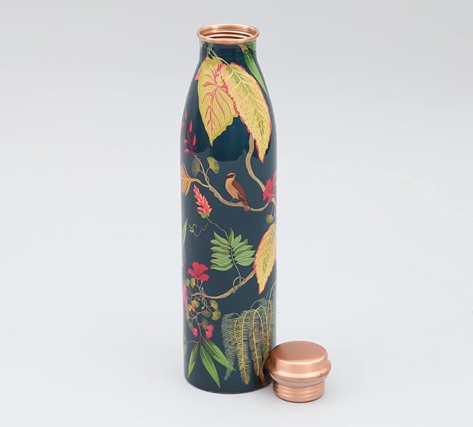 Botella de Cobre Azul Estampado Animal 500ml y 2 Tazas ｜ 印度手工純銅雕刻水瓶套裝｜阿育吠陀飲用銅水習慣