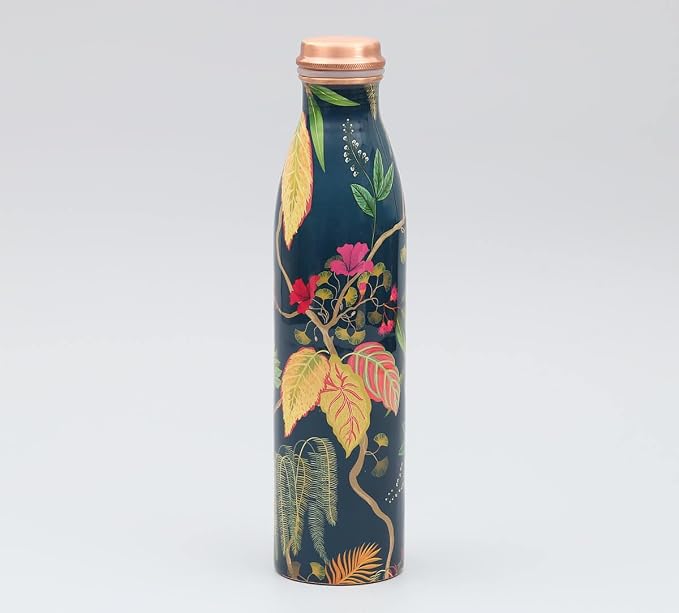Botella de Cobre Azul Estampado Animal 500ml y 2 Tazas ｜ 印度手工純銅雕刻水瓶套裝｜阿育吠陀飲用銅水習慣