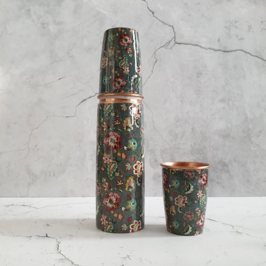 Copper Bottle Set 950ml & 2 Cups (Green Forest)｜ 印度手工純銅水瓶杯具組合｜阿育吠陀飲用銅水習慣