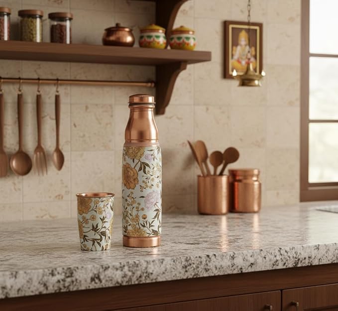 Copper Meena Golden Flower Bottle (950ml Bottle & Cup) ｜ 印度手工純銅水瓶旅行套裝 (Copy)