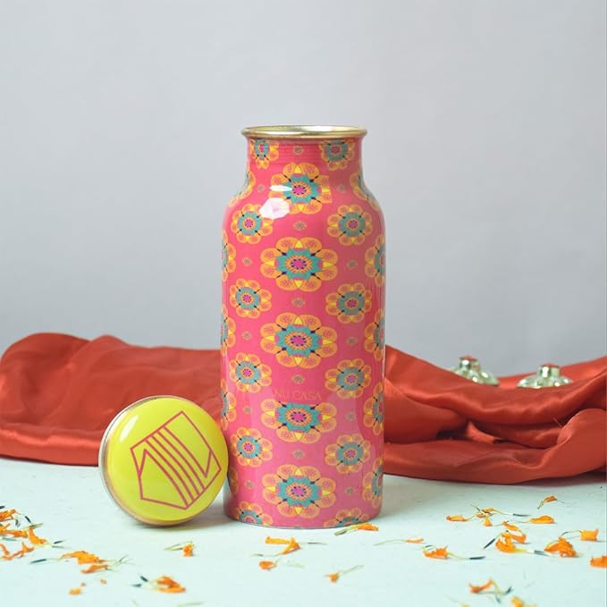 Copper Bottle - Red Mandala Meera Printed (500ml) ｜紅色曼陀羅銅水瓶（#NU002）