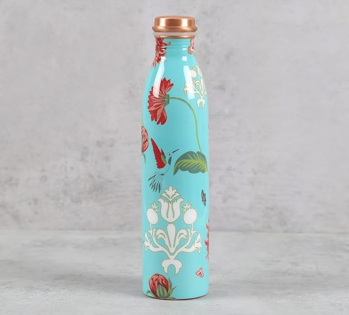 Botella de Cobre Azul Estampado Animal 500ml y 2 Tazas ｜ 印度手工純銅雕刻水瓶套裝｜阿育吠陀飲用銅水習慣