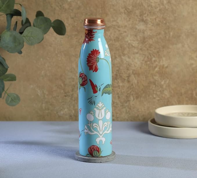Botella de Cobre Azul Estampado Animal 500ml y 2 Tazas ｜ 印度手工純銅雕刻水瓶套裝｜阿育吠陀飲用銅水習慣