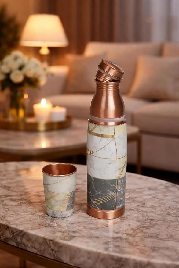 Copper Meena Marbel Bottle (950ml Bottle & Cup) ｜ 印度手工純銅水瓶旅行套裝