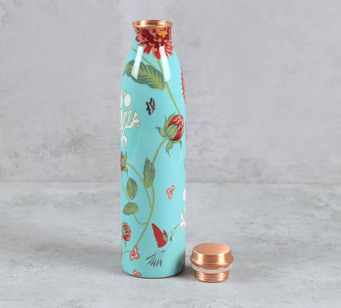Botella de Cobre Azul Estampado Animal 500ml y 2 Tazas ｜ 印度手工純銅雕刻水瓶套裝｜阿育吠陀飲用銅水習慣