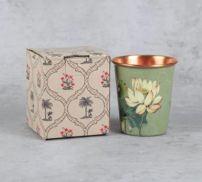 Copper Bottle Blue Printed Animal 500ml &amp; 2 Cups｜印度手工純銅雕刻水瓶套裝｜阿育吠陀復古銅水習慣