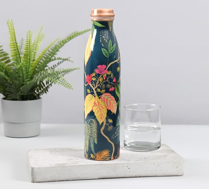 Botella de Cobre Azul Estampado Animal 500ml y 2 Tazas ｜ 印度手工純銅雕刻水瓶套裝｜阿育吠陀飲用銅水習慣