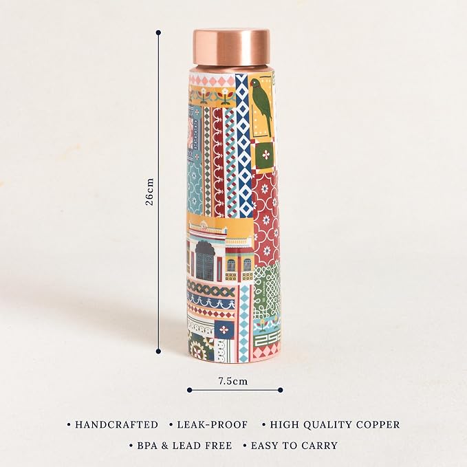 Botella de Cobre Azul Estampado Animal 500ml y 2 Tazas ｜ 印度手工純銅雕刻水瓶套裝｜阿育吠陀飲用銅水習慣
