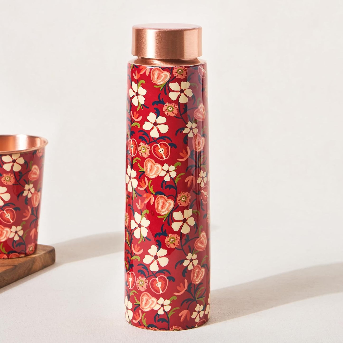 Copper Bottle Blue Printed Animal 500ml &amp; 2 Cups｜印度手工純銅雕刻水瓶套裝｜阿育吠陀復古銅水習慣