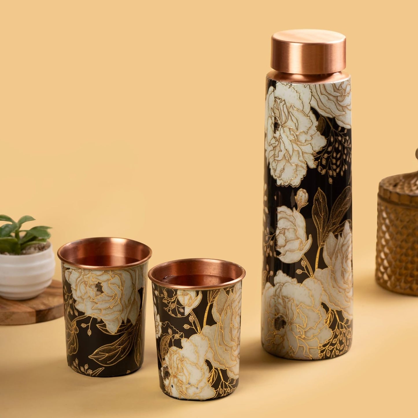 Juego de botellas de cobre de 950 ml y 2 tazas (Green Forest)｜ 印度手工純銅水瓶杯具組合｜阿育吠陀飲用銅水習慣