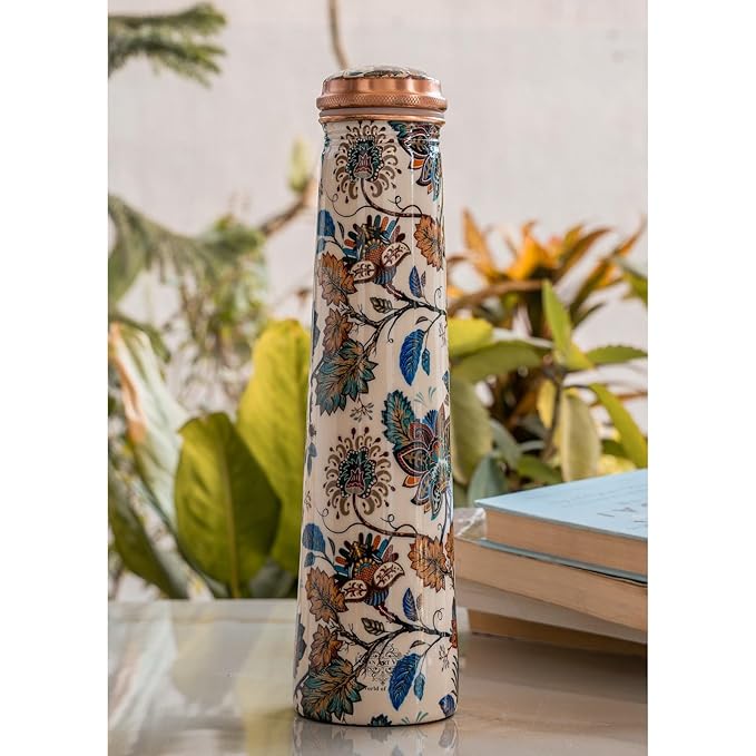 Copper Mixed Floral Printed Slim Bottle  (750ml) ｜ 印度手工純銅水瓶｜阿育吠陀飲用銅水習慣