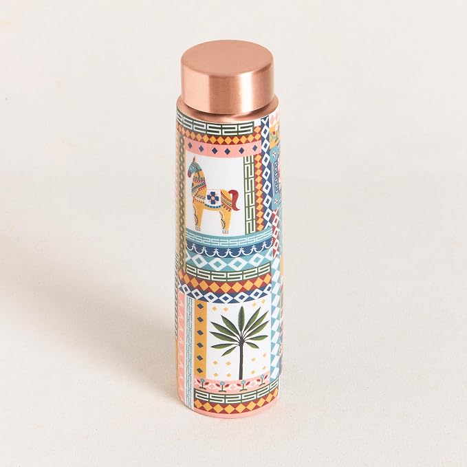 Botella de Cobre Azul Estampado Animal 500ml y 2 Tazas ｜ 印度手工純銅雕刻水瓶套裝｜阿育吠陀飲用銅水習慣