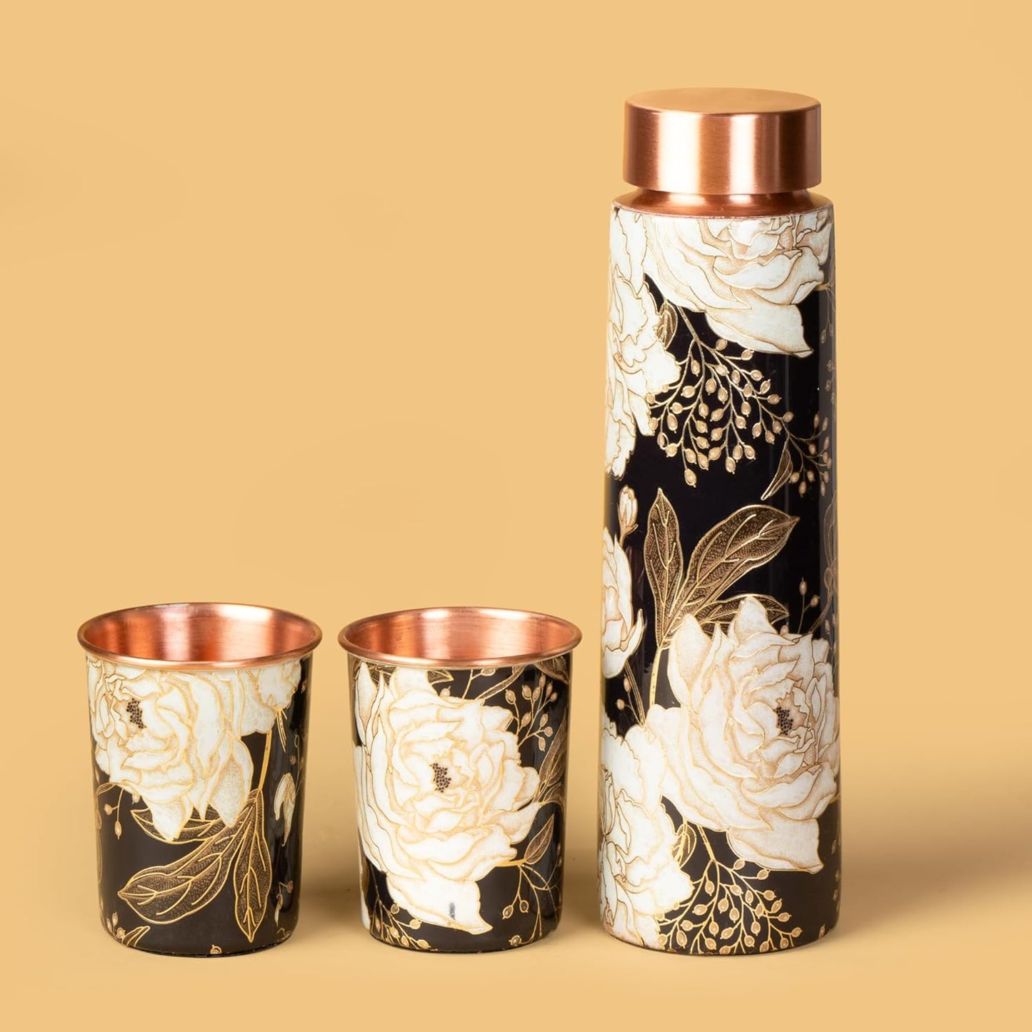 Juego de botellas de cobre de 950 ml y 2 tazas (Green Forest)｜ 印度手工純銅水瓶杯具組合｜阿育吠陀飲用銅水習慣