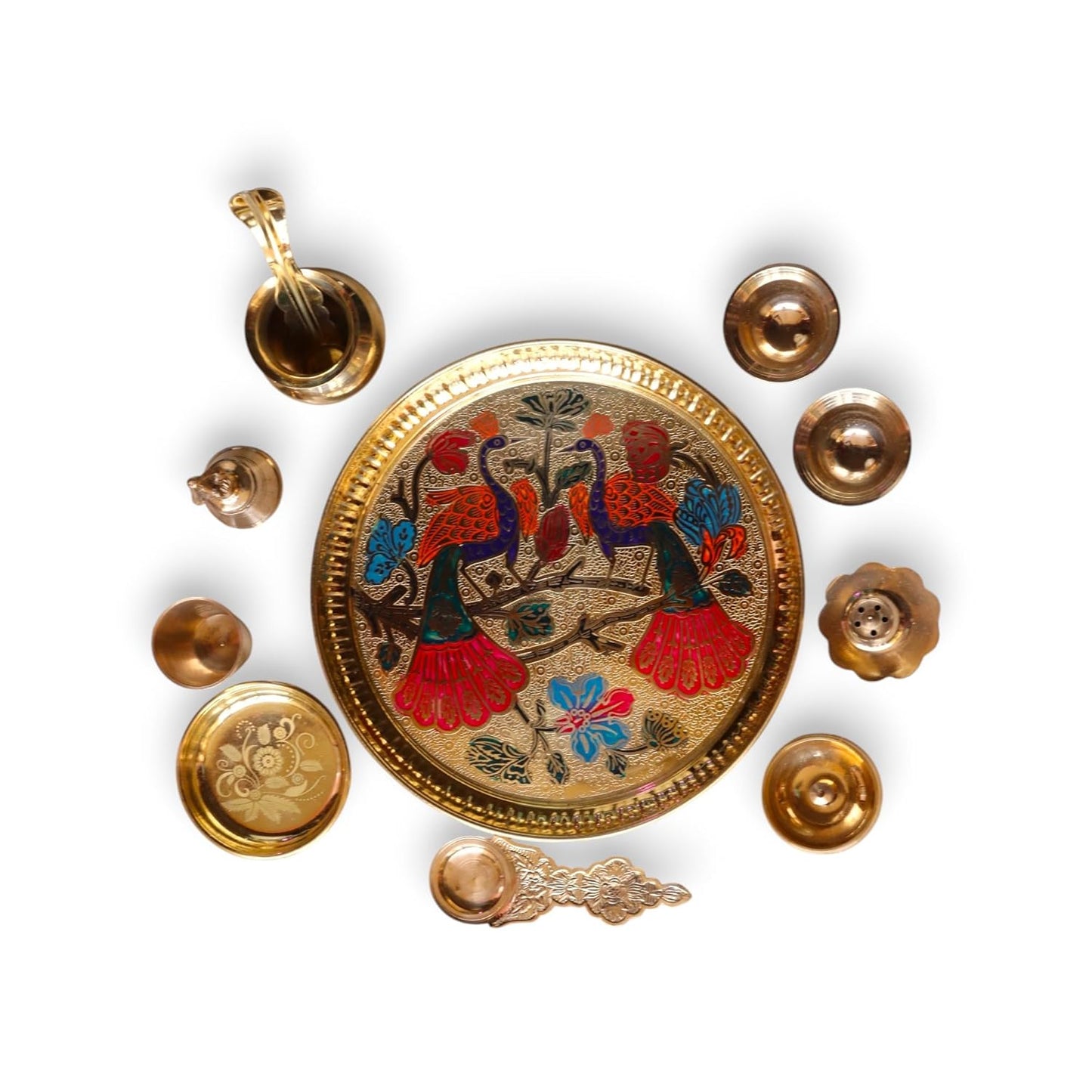 9" Brass Minakari Puja Set | 9 英吋黃銅 Minakari 手工精緻繪製儀式套裝