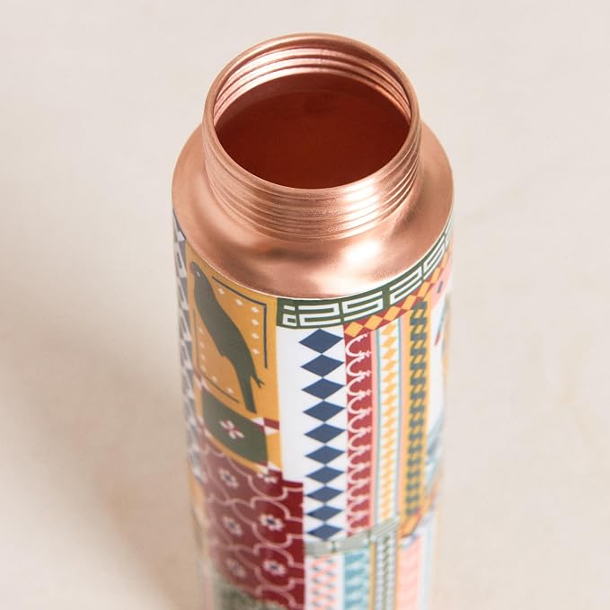 Botella de Cobre Azul Estampado Animal 500ml y 2 Tazas ｜ 印度手工純銅雕刻水瓶套裝｜阿育吠陀飲用銅水習慣