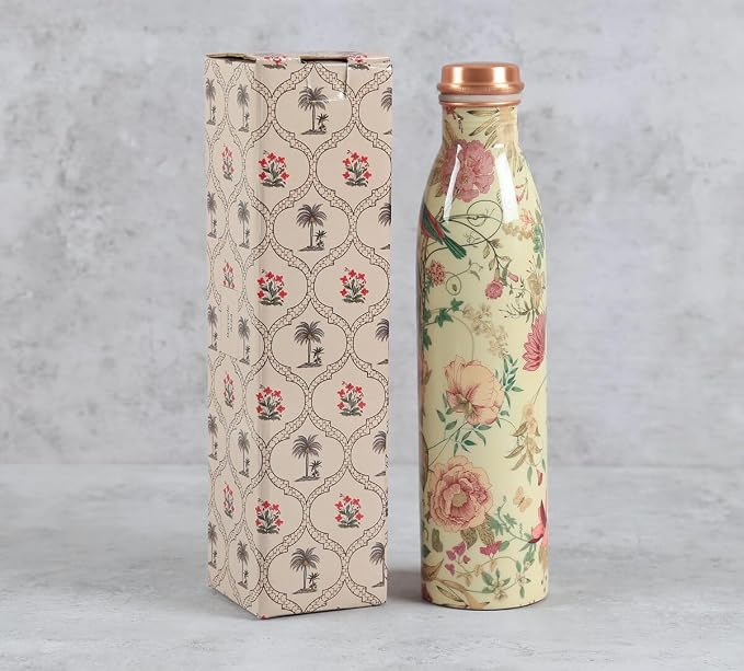 Botella de Cobre Azul Estampado Animal 500ml y 2 Tazas ｜ 印度手工純銅雕刻水瓶套裝｜阿育吠陀飲用銅水習慣