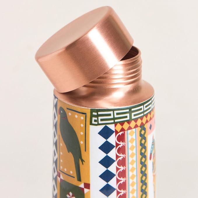 Botella de Cobre Azul Estampado Animal 500ml y 2 Tazas ｜ 印度手工純銅雕刻水瓶套裝｜阿育吠陀飲用銅水習慣