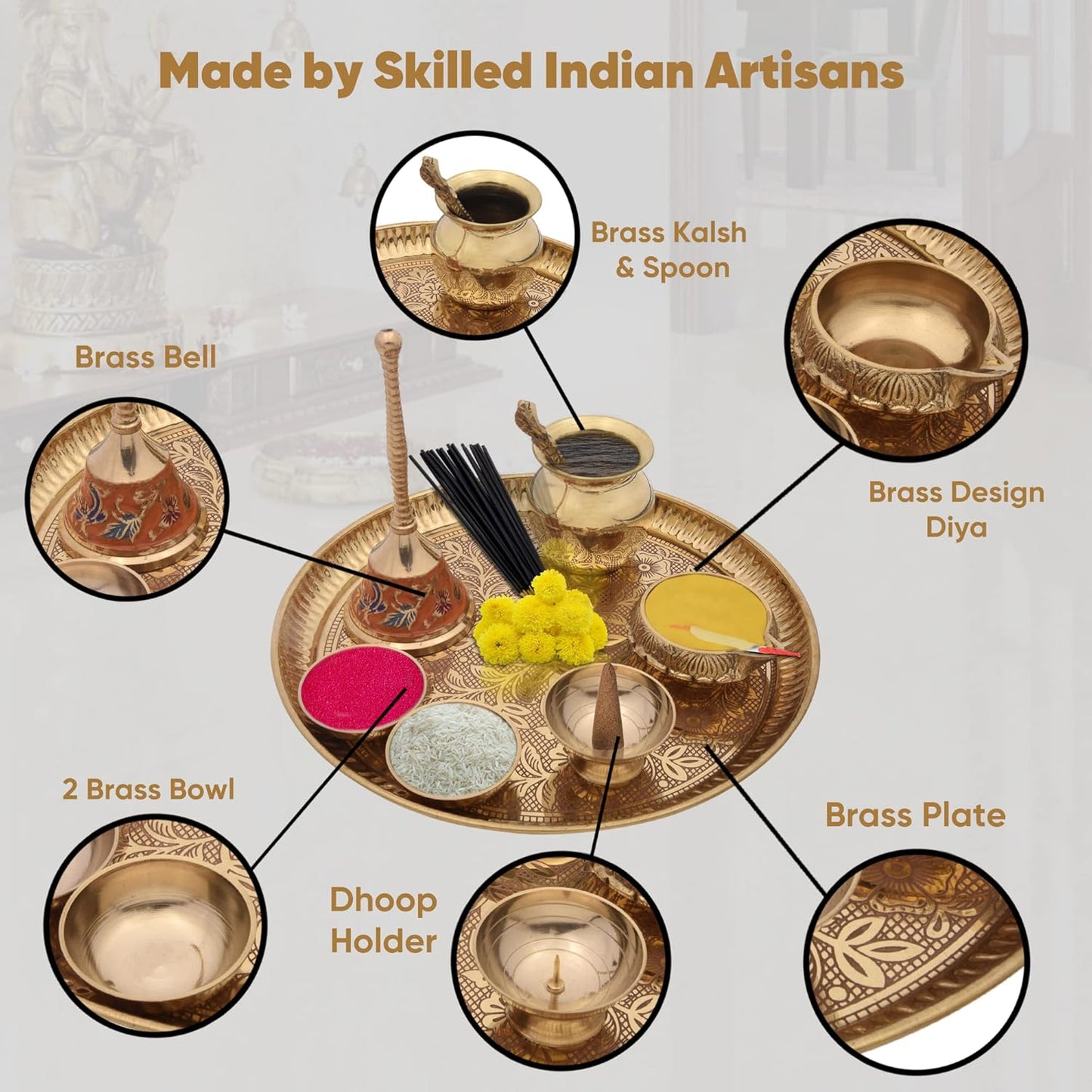 9" Brass Pooja Thali Set | 9 英吋的黃銅祭祀儀式組合