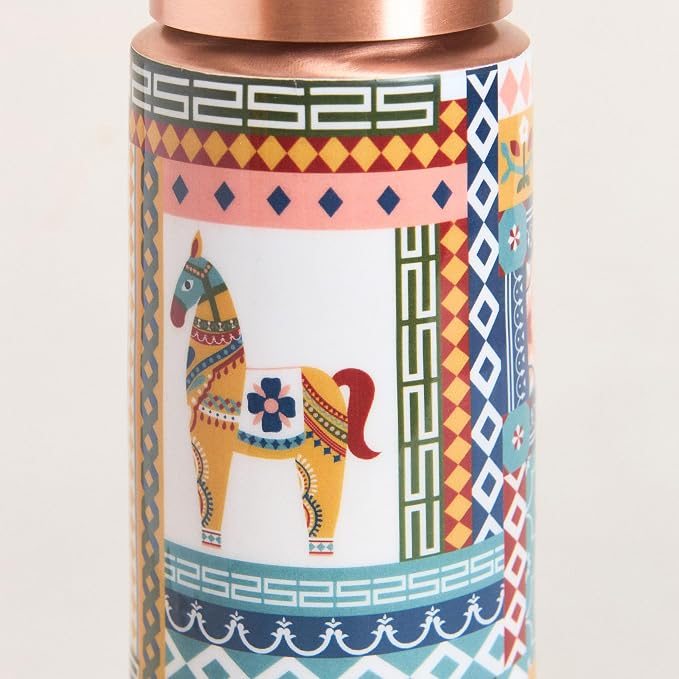 Botella de Cobre Azul Estampado Animal 500ml y 2 Tazas ｜ 印度手工純銅雕刻水瓶套裝｜阿育吠陀飲用銅水習慣
