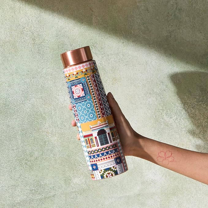 Botella de Cobre Azul Estampado Animal 500ml y 2 Tazas ｜ 印度手工純銅雕刻水瓶套裝｜阿育吠陀飲用銅水習慣