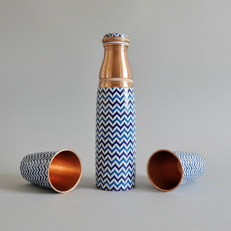 Copper Bottle Set 950ml & 2 Cups (Blue Arrow Printed) ｜ 印度手工純銅水瓶杯具組合｜阿育吠陀飲用銅水習慣 (Copy) (Copy)