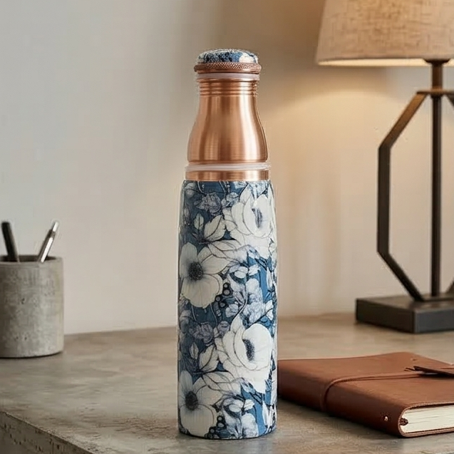 Copper Bottle Set 950ml & 2 Cups (Grey Blue Floral Printed) ｜ 印度手工純銅水瓶杯具組合｜阿育吠陀飲用銅水習慣 (Copy) (Copy) (Copy)