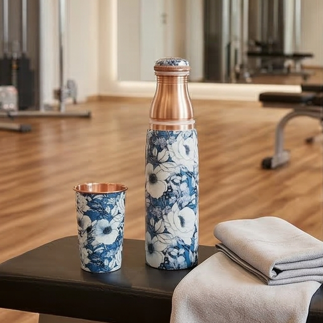 Copper Bottle Set 950ml & 2 Cups (Grey Blue Floral Printed) ｜ 印度手工純銅水瓶杯具組合｜阿育吠陀飲用銅水習慣 (Copy) (Copy) (Copy)