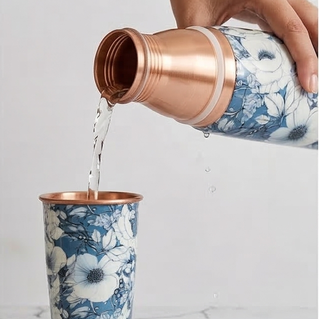 Copper Bottle Set 950ml & 2 Cups (Grey Blue Floral Printed) ｜ 印度手工純銅水瓶杯具組合｜阿育吠陀飲用銅水習慣 (Copy) (Copy) (Copy)