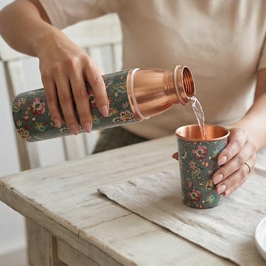 Copper Bottle Set with 2 Cups (Forest in Green)｜ 印度手工純銅水瓶組合 (#CS005)
