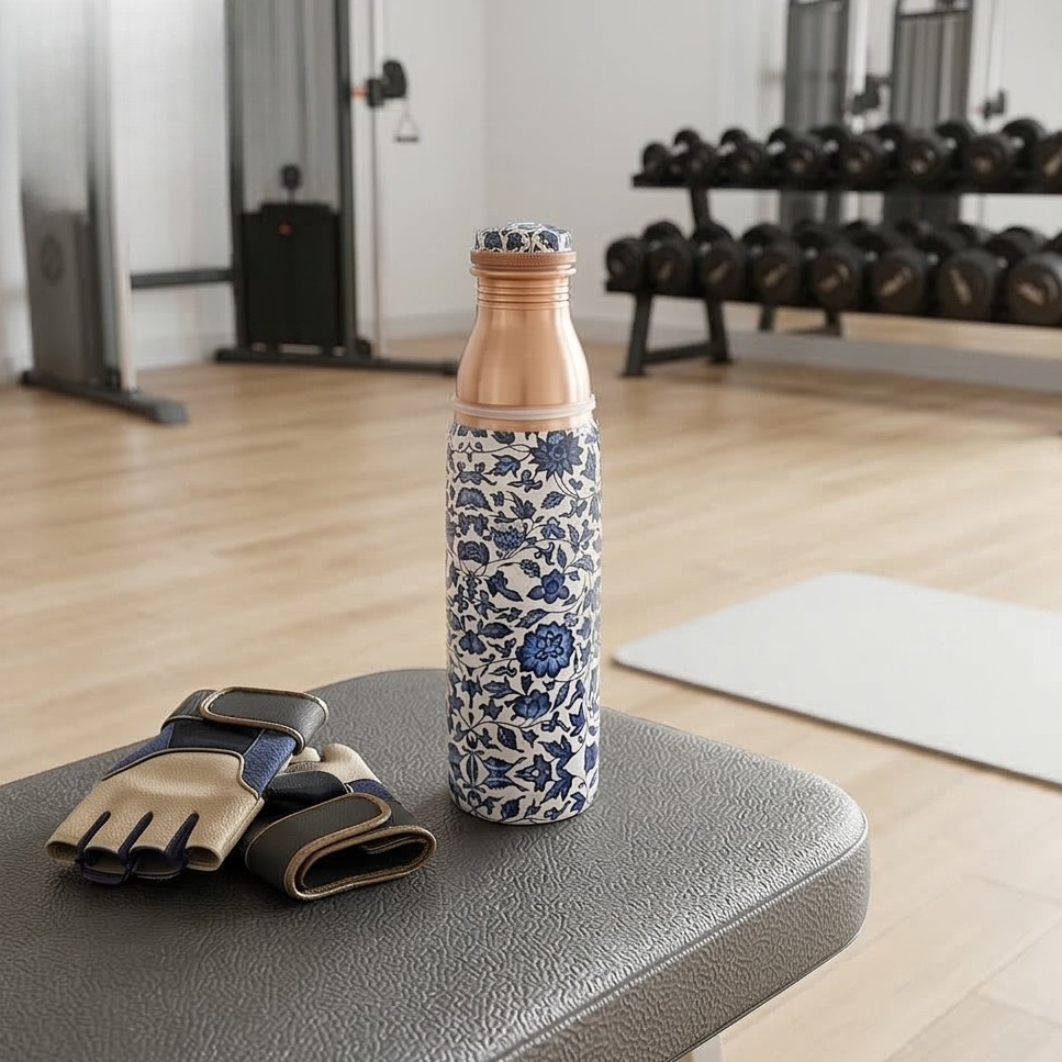 Copper Bottle Set 950ml & 2 Cups (Dark Blue Floral Printed) ｜ 印度手工純銅水瓶杯具組合｜阿育吠陀飲用銅水習慣 (Copy) (Copy) (Copy) (Copy)