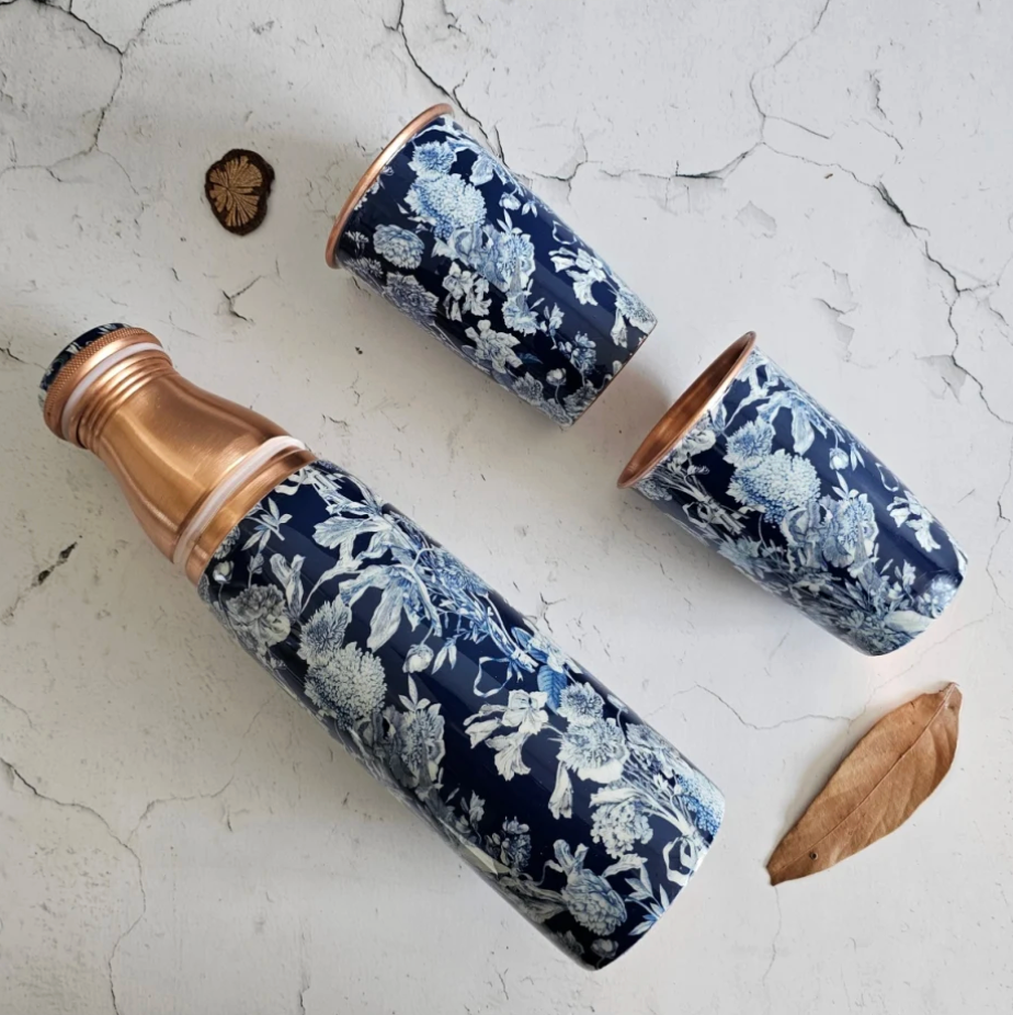 Copper Bottle Set 950ml & 2 Cups (Dark Blue Floral)｜ 印度手工純銅水瓶杯具組合｜阿育吠陀飲用銅水習慣