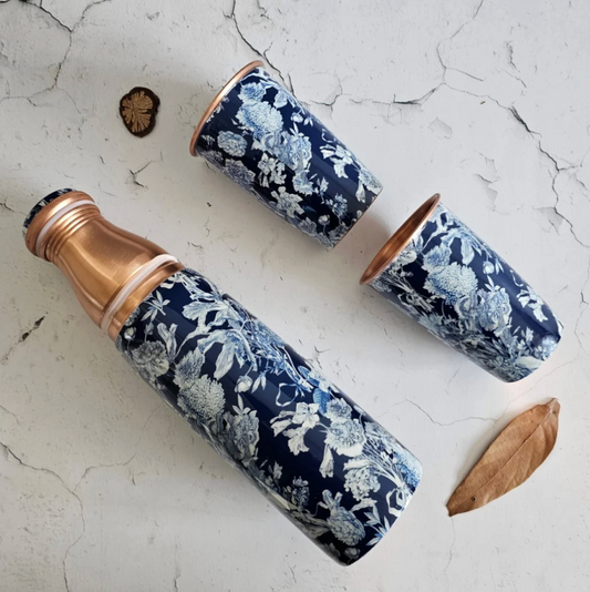 Copper Bottle Set 950ml & 2 Cups (Dark Blue Floral)｜ 印度手工純銅水瓶杯具組合｜阿育吠陀飲用銅水習慣
